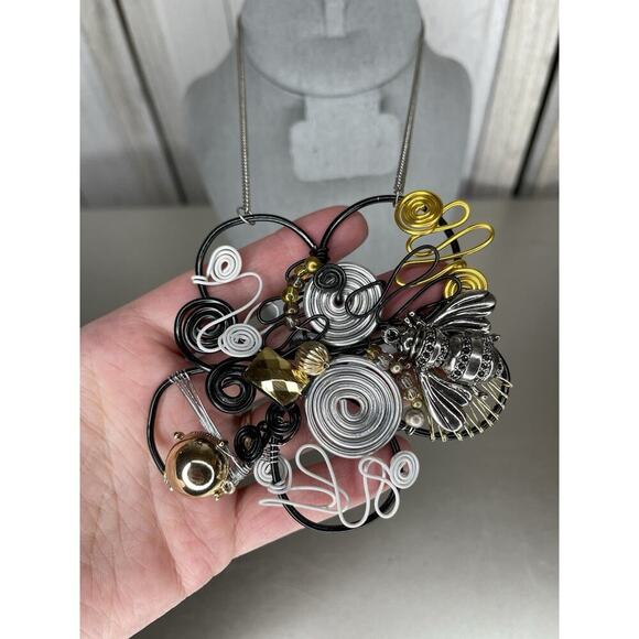 Vintage Bumble Bee Gemstone Statement Wire Wrap Handmade Necklace Rhinestone - Picture 1 of 5